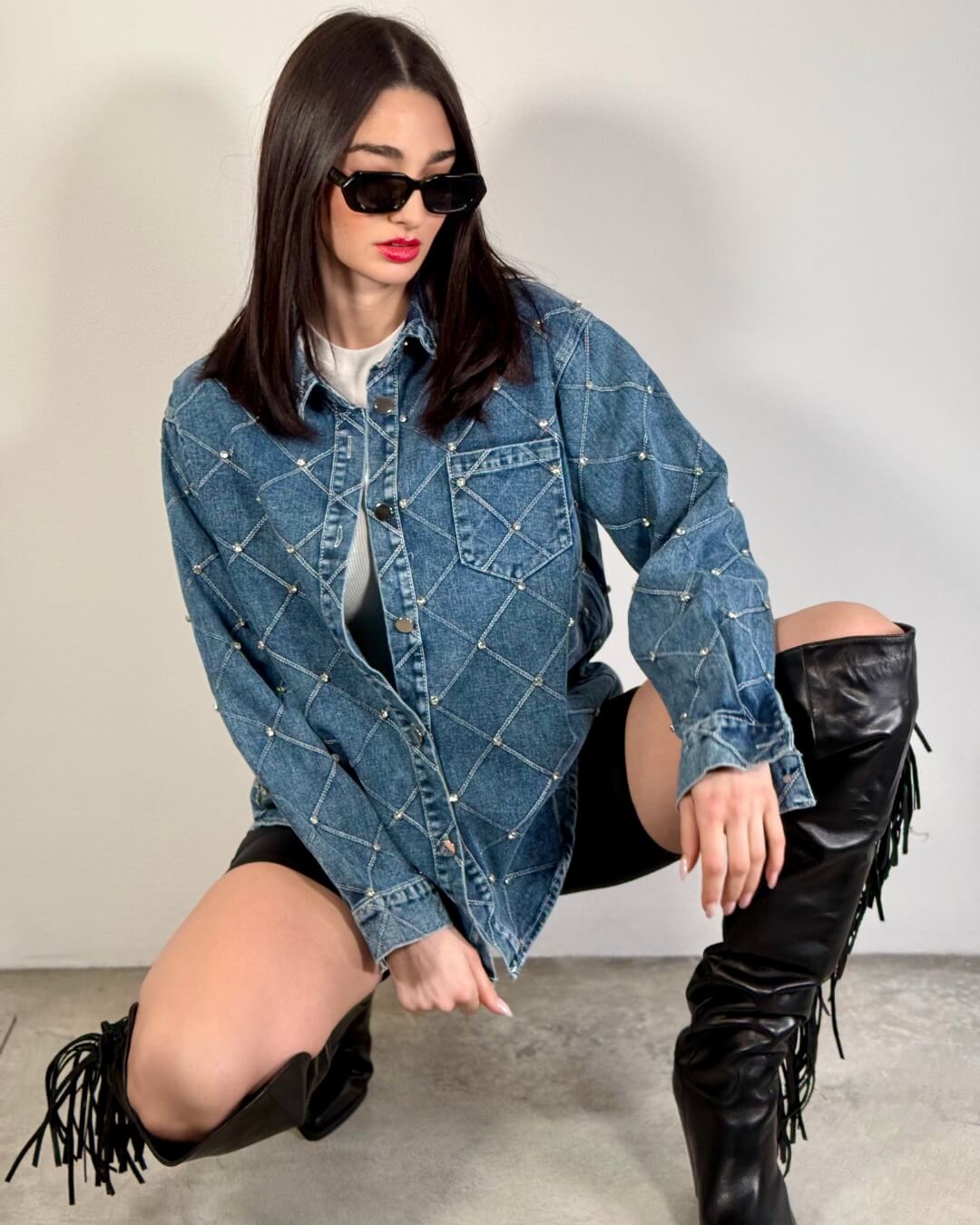 OF - Camicia Stella denim blue con pietre