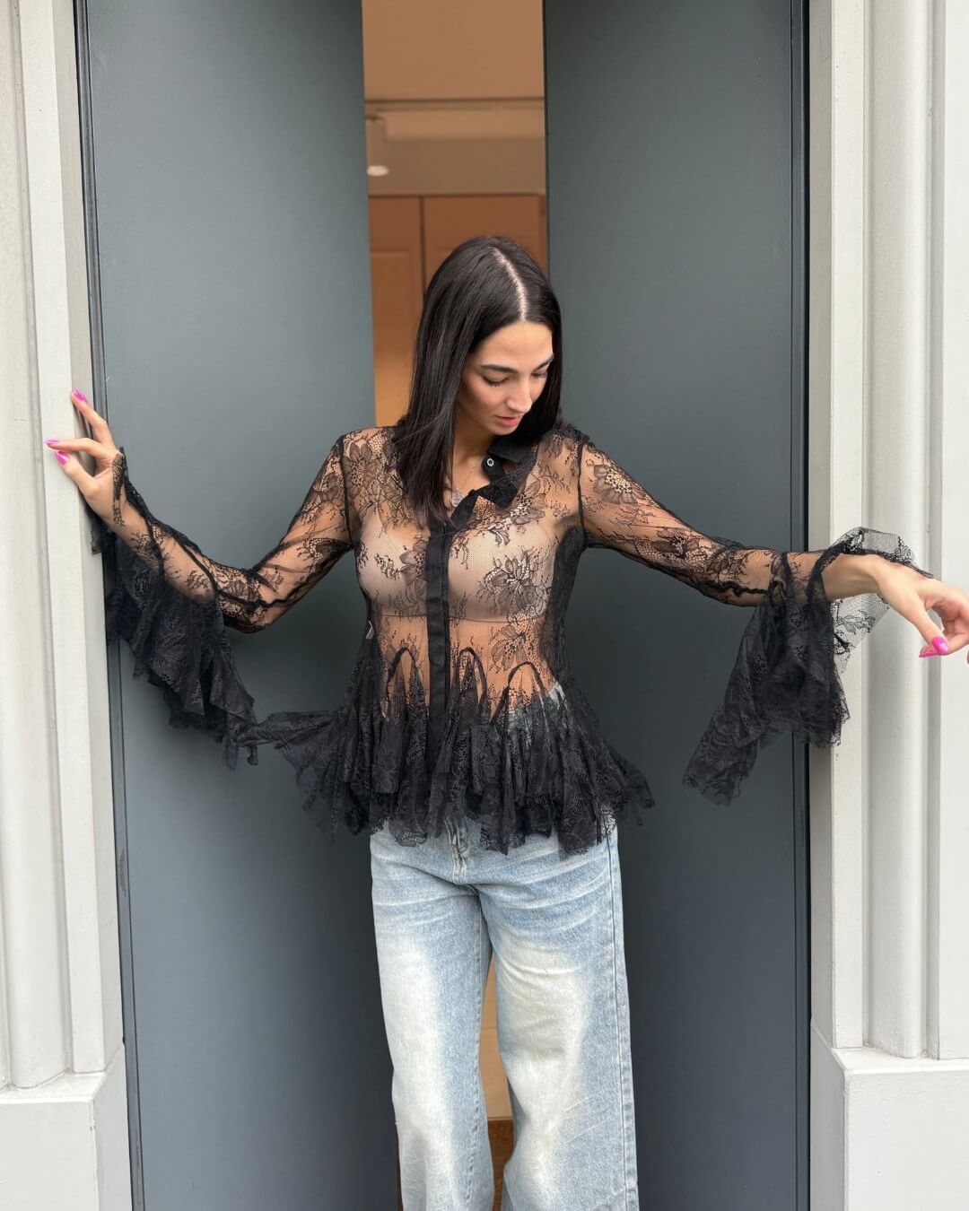 OF - Camicia Piper pizzo voulant nero