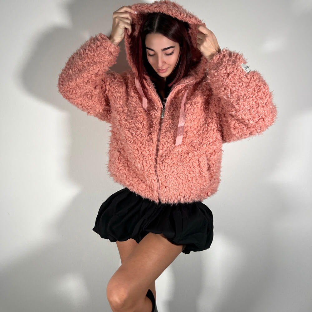 LM - Hinnominate Bomber in ecopelliccia rosa con cappuccio