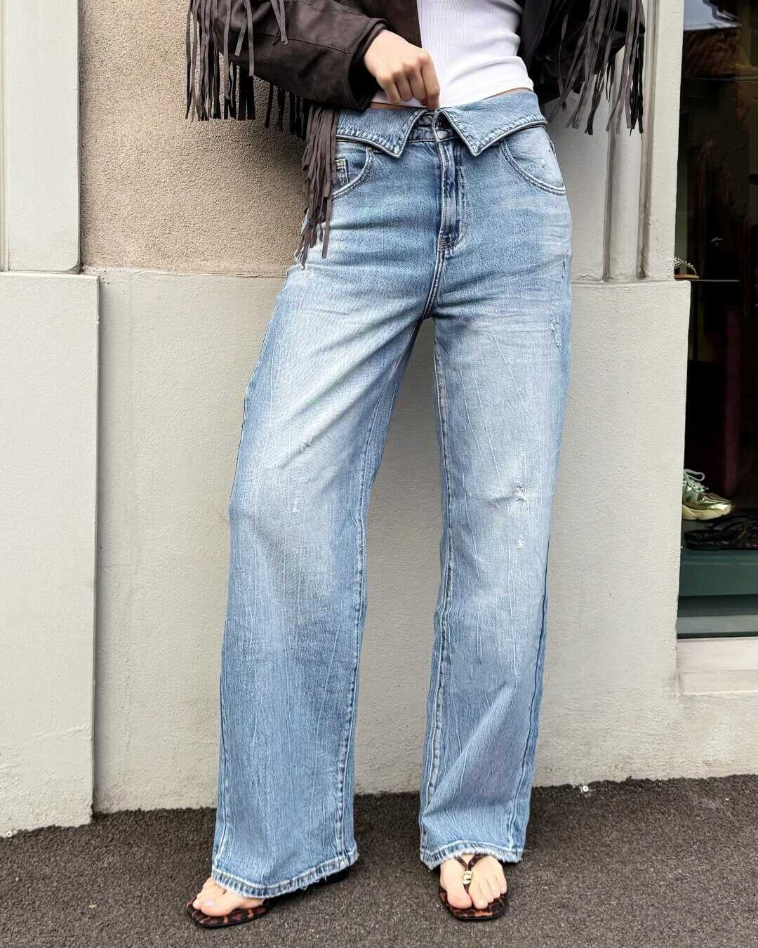 OF - Jeans Yle con risvolto light blue