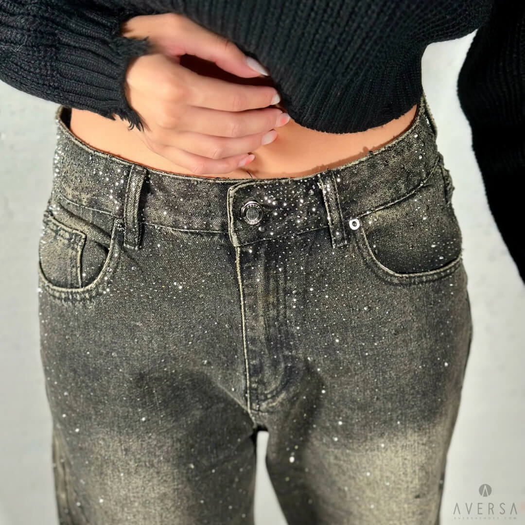 OF - Jeans Seo nero con strass