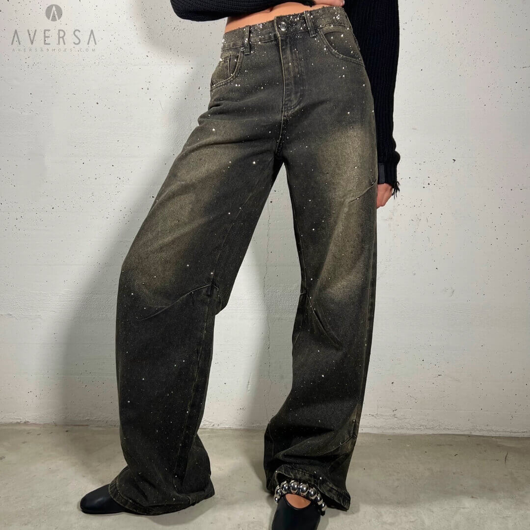 OF - Jeans Seo nero con strass