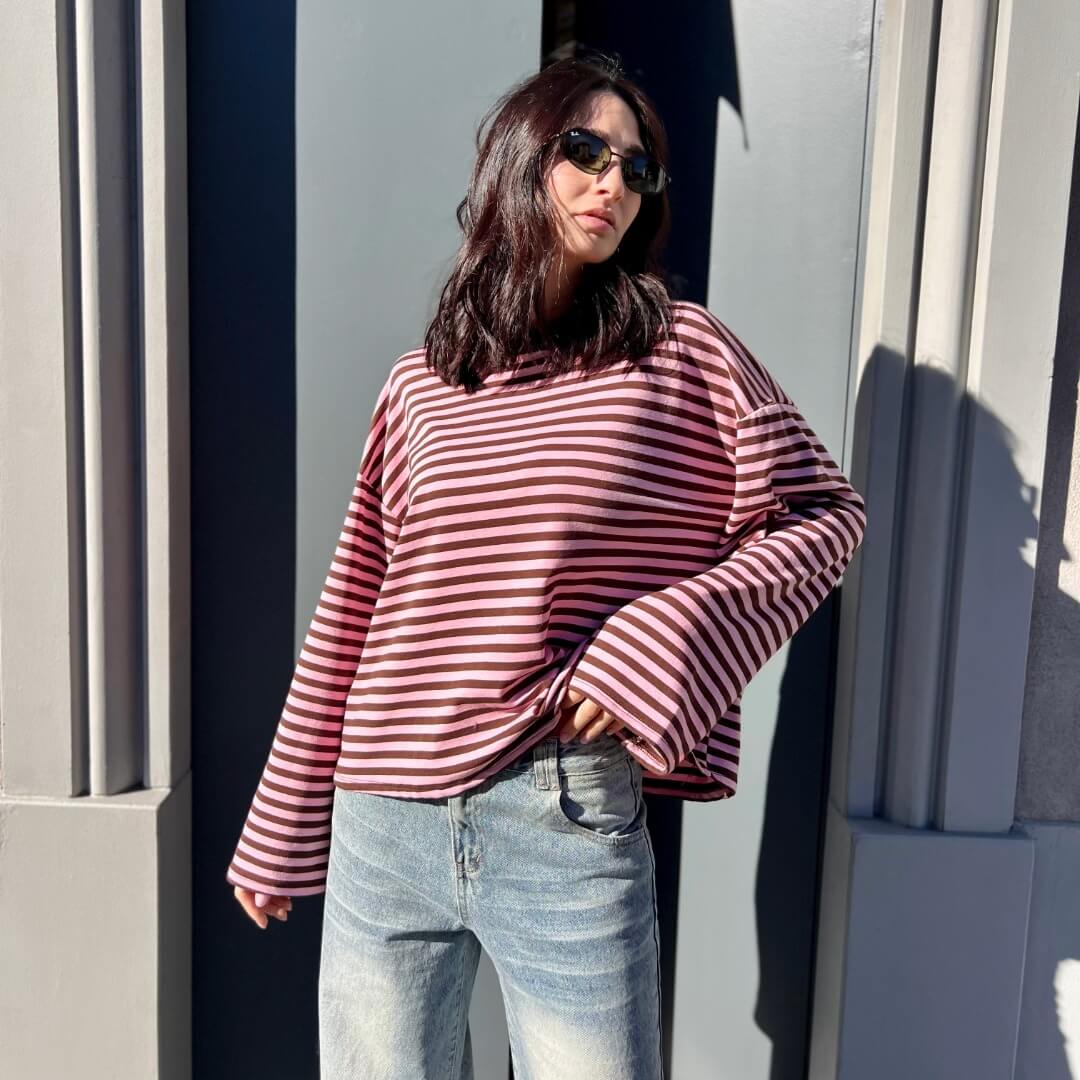 OF - Top Ashley a righe marrone e rosa