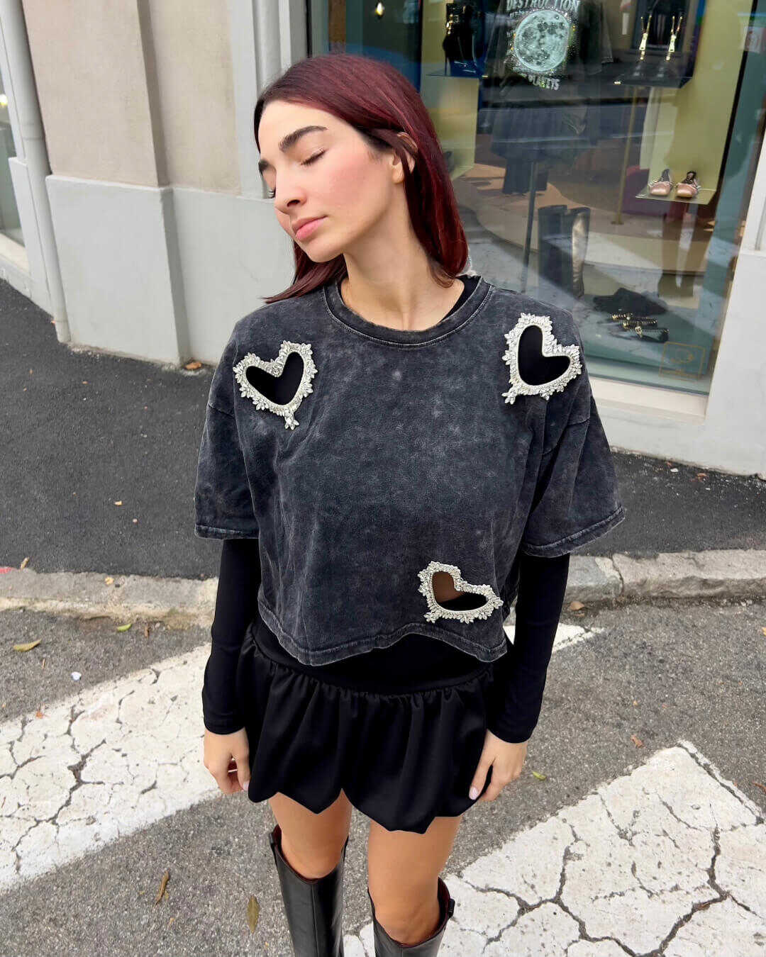 OF - T-shirt Heartie crop strass