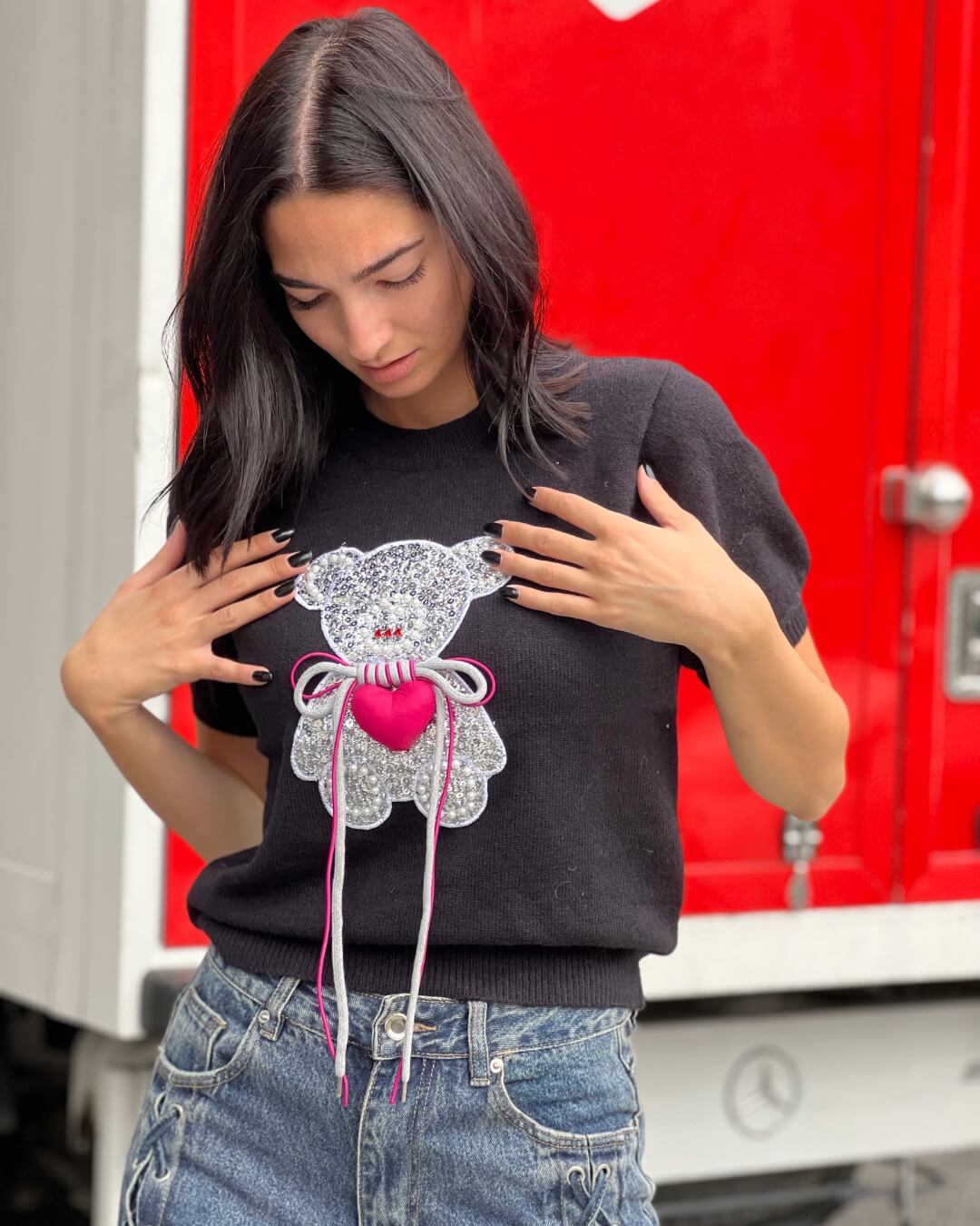 OF - Maglione Coco nero con teddy argento