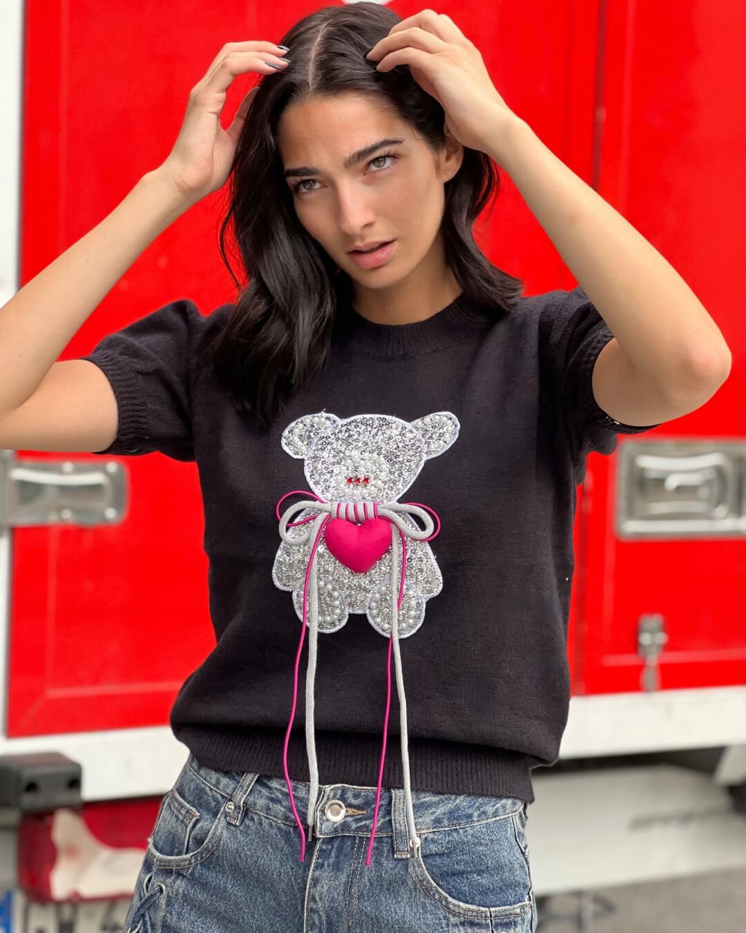 OF - Maglione Coco nero con teddy argento