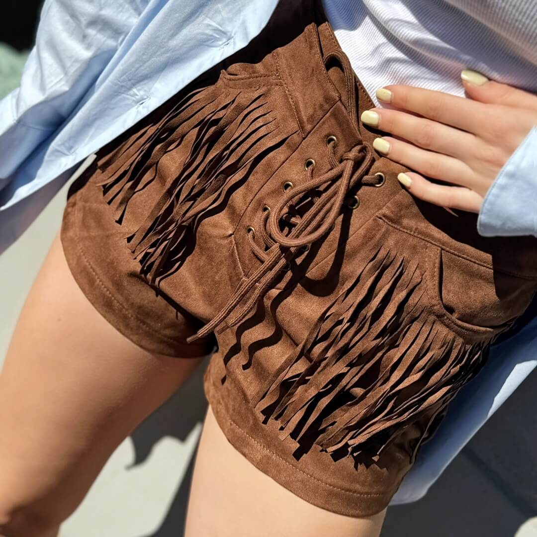 OF - Shorts Poka cuoio con frange