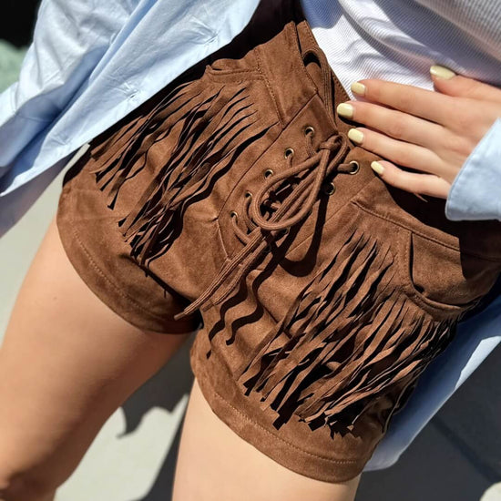 OF - Shorts Poka cuoio con frange