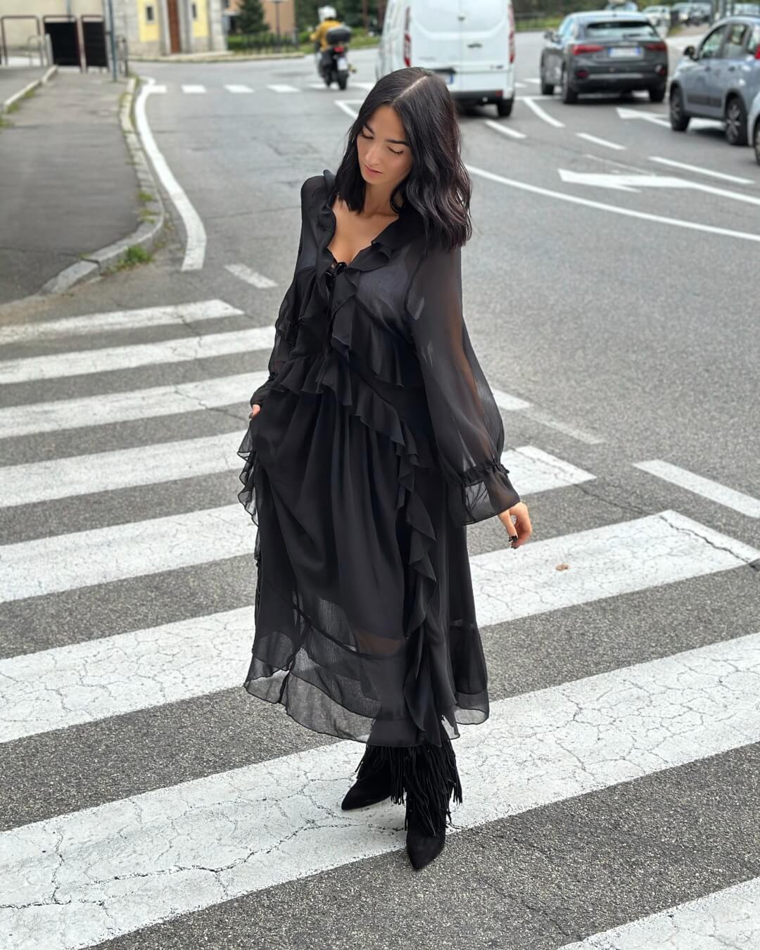 OF - Abito lungo Jade rouches nero