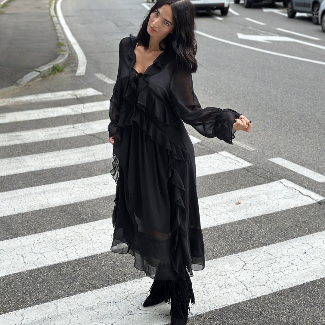 OF - Abito lungo Jade rouches nero