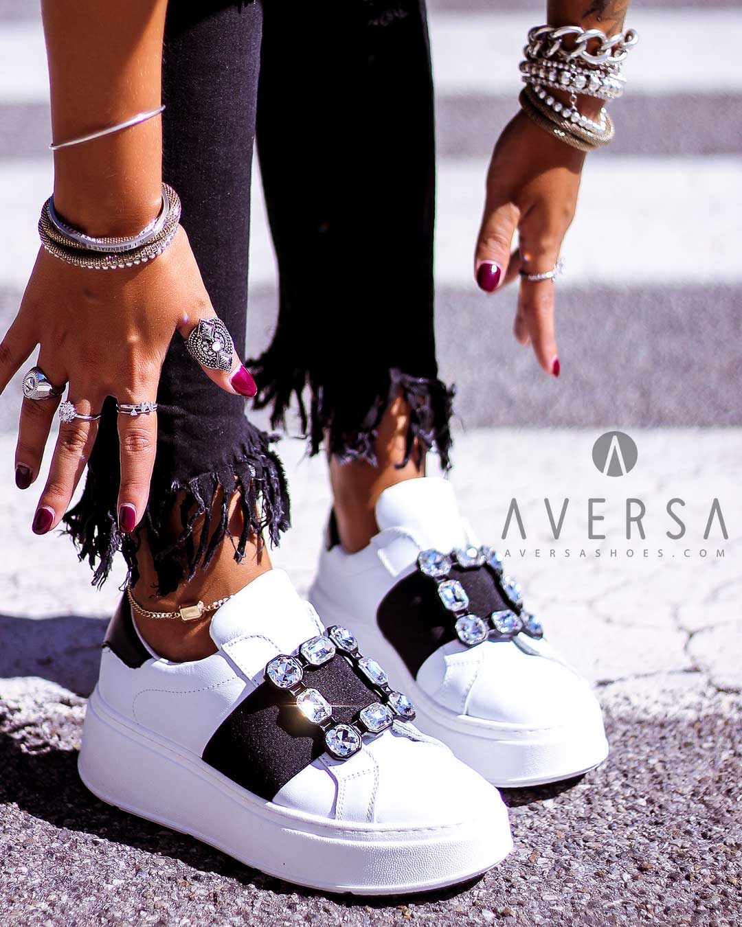 OF - Sneaker Jane con accessorio nero argento e pietre